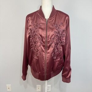 Torrid Jacket Women's 1X Rose Pink Satin Bomber Floral Embroidered Zip Bomber